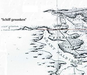 Schiff gesunken (ship sank) off the Grant Peninsula. Schwatka expedition chart 1879.